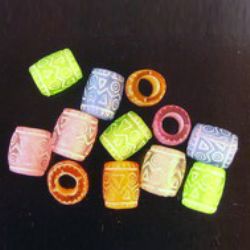 Plastic Colorful Cylinder Beads with Ethnic Ornaments, 8.5x7 mm, Hole: 3.5 mm, MIX -20 grams ~ 40 pieces