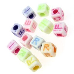 Cube bead Faded Color with letters 6.5x6.5x6.5 mm hole 2.5 mm MIX - 50 grams ~ 200 pieces