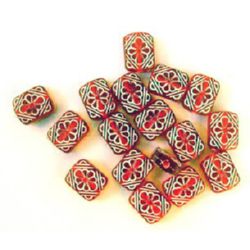 Rectangular bead with flower 10x12 mm hole 1.5 mm red with white - 50 grams ~ 100 pieces