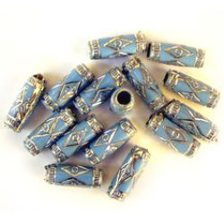 Margele cilindrice acrilice opace cu linie argintie, albastru 15x6 mm, gaură 2 mm - 50 g ~ 180 bucăți