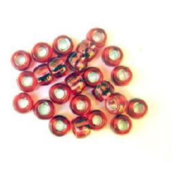 Margele cilindrice acrilice, rotunde cu linie argintie 9x6 mm orificiu 4 mm roșu - 50 grame ~ 170 bucăți