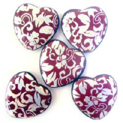Patterned Plastic Heart-shaped Beads, Red and Silver, 29 mm -10 pieces