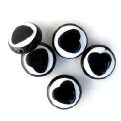Monedă în două culori mărgele, cu inimă de 23 mm alb și negru - 10 bucăți