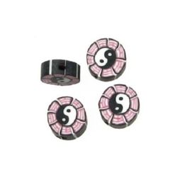 Polymer clay beads, flat round, coin shaped with painted yin yang sign 10 mm 33 - 10 pieces