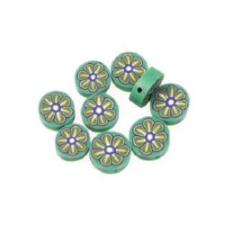 Polymer clay beads, flat round, coin shaped with colorful flower 10 mm 35 - 10 pieces