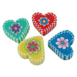 Polymer clay beads, flat in heart shape with painted flower on it 33x30x8 mm - 4 pieces