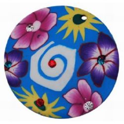 Colorful Patterned Round FIMO Pendant with Tiny Crystals, 40x2 mm, Hole: 1 mm -2 pieces