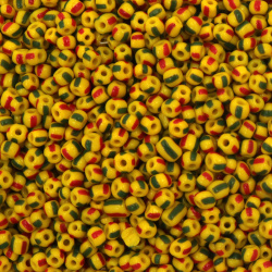 Мъниста стъклена 4~4.8 мм дупка 2~2.2 мм плътна трицветна жълта с червено и зелено -15 грама ~168 броя