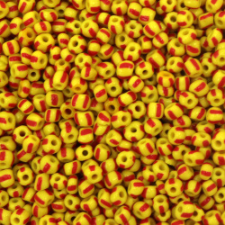 Мъниста стъклена 4~4.8 мм дупка 1.5~2 мм плътна двуцветна жълта с червено -15 грама ~168 броя