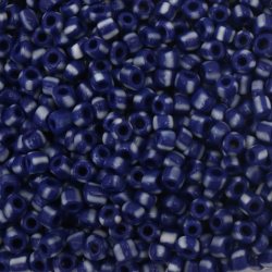 Мъниста стъклена 4.8~6 мм дупка 2~3 мм плътна двуцветна тип буре синя с бяло -15 грама ~96 броя