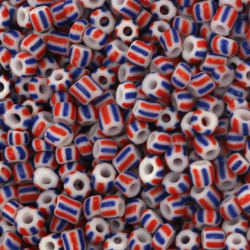 Glass Beads 5~6.5 mm, Hole: 2.2~2.5 mm / Opaque Tricolor: Barrel Type, White with Red and Blue - 15 grams ~ 85 pieces