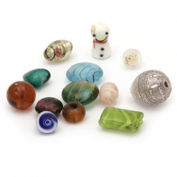 Stoc epuizat. Primeste notificare pe email cand produsul revine in stoc Sticlă Bead Lampwork 11 ~ 29x11 ~ 25x11 ~ 15mm gaură 2 ~ 4mm SORTIMENT forme, dimensiuni și culori -50 grame