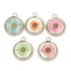 Round glass pendant with real dried flowers for jewelry making 34x28x9 mm hole 4 mm mix
