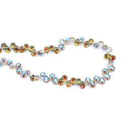 Șir de mărgele cristaline, picătură 8x11 mm, gaură 1 mm, fațetate, transparente, galvanizate cu strat AB, culoare curcubeu fumuriu ~97 bucăți 