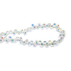 Șir de mărgele cristaline, picătură 8x11 mm, gaură 1 mm, fațetate, transparente, galvanizate cu strat AB, culoare alb curcubeu ~95 bucăți 