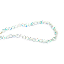 Șir de mărgele cristale floare 10x10x4.5 mm gaură 1 mm fațetate transparente galvanizate cu strat AB culoare alb nuanță roz curcubeu ~70 bucăți 