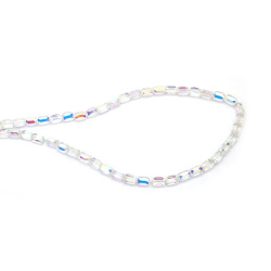 Șir de mărgele cristaline cilindrice 6x8 mm, gaură 1 mm, fațetate, galvanizate transparente cu strat AB, culoare alb curcubeu ~80 bucăți 