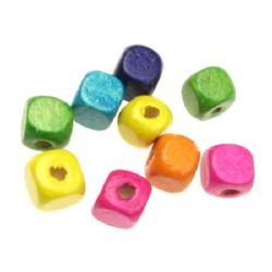 Wood Beads, Cube, Mixed Colors, 10x10 mm, hole 3 mm, 50 grams ~ 100 pcs