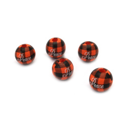 Painted Round Wooden Beads for Craft and Decoration,  15x16 mm, hole 4 mm, Farmhouse Checked Print in Orange and Black Color with the inscription "Peace" - 5 pieces