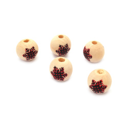 Round Wooden Beads for Craft and Decoration, 15x16 mm, hole 4 mm, with Snowflake - 5 pieces