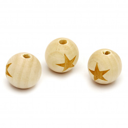 Wooden round bead for decoration with star 19x20 mm hole 4 mm color wood - 5 pieces