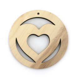 Wooden Pendant round heart 50x6 mm hole 1 mm color wood - 2 pieces