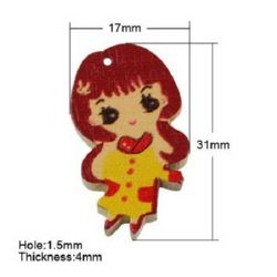 Painted wooden girl pendant 31x17x4 mm hole 1.5 mm - 10 pieces