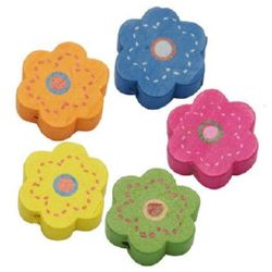 Natural Wooden Beads, Flower, Dyed, Assorted colors 15x5 mm, hole 2 mm - 5 pieces