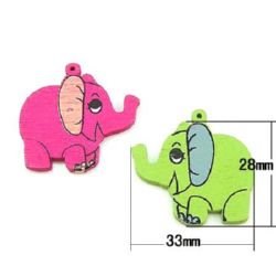 Colorful Wooden Figurine /  Elephant, Bright Cute Pendants for Children Accessories, 33x28x2.5 mm, Hole: 1.5 mm, MIX -10 pieces