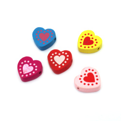 Natural Wooden Beads, Heart, Dyed, Assorted colors 17x19x6 mm, hole 2 mm - 20 pieces