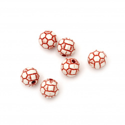Мънисто двуцветно топче футбол 10 мм дупка 3 мм бяло и червено -50 грама ~98 броя