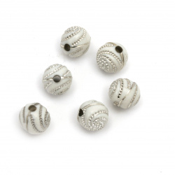 Acrylic Silver-lined Ball Beads, 10 mm, Hole: 2 mm, White - 20 grams ~ 38 pieces