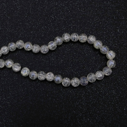 Mărgele din sticlă crăpată (crackle) – 10 mm rotunde (aprox. 80 buc.) – alb transparent cu finisaj AB iridescent și strălucire mov subtilă – perfecte pentru bijuterii handmade și proiecte decorative