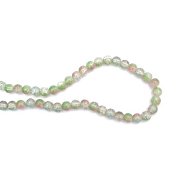 Crackle Glass Beads Strand – 10 mm Round, 1 mm Hole – Transparent White with Pale Pink and Green Shades ~ 80 Beads