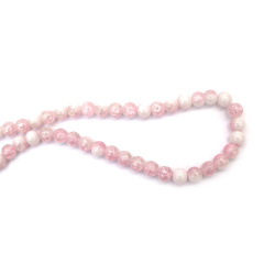 Mărgele din sticlă crackle (crăpată) – 10 mm, gaură de 1 mm, mix alb transparent și roz cu vopsea albă, șirag ~85 buc – ideale pentru bijuterii handmade, mărgelit și proiecte craft/DIY
