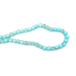 Mărgele delicate din sticlă crackle 10 mm – alb transparent cu vopsea albastră deschisă, orificiu 1 mm, șirag ~85 buc – perfecte pentru crearea de bijuterii elegante handmade