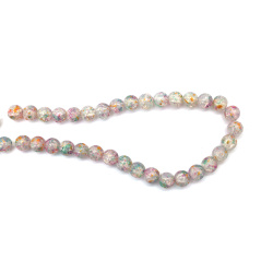 Mărgele din sticlă crackle pictate 10 mm, alb cu roz și verde, accente de culoare aurie, gaură 1 mm, ~80 buc – pentru bijuterii și hobby creativ