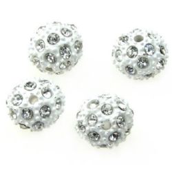 Perle metalice Shamballa cu cristale 10 mm gaură 1.7 mm alb