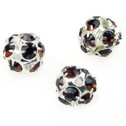 Shambhala metal bead with crystals, ball shape stringing element 10 mm hole 1.5 mm brown