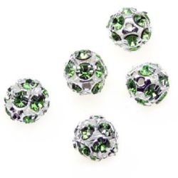 SHAMBALLA Metal Bead with Rhinestones for Jewelry Findings, 10 mm, Hole: 1.5 mm, Silver / Light Green 