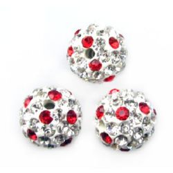 Colored Shambhala bead from polymer clay  with crystals 10 mm hole 1.5 mm white and red