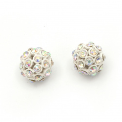 Shambhala metal bead with crystals, ball shaped 14.5 mm hole 1 mm rainbow white