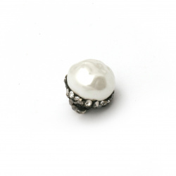 Round pendant imitation pearl, cap polymer with crystals 12x10 mm hole 1.5 mm