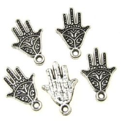 Pendant metal hand of Fatima for DIY mascot making 19x13x2 mm hole 2 mm color old silver - 10 pieces