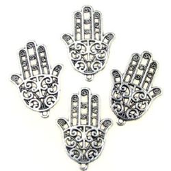 Metal jewelry findings pendant, openwork hand of Fatima with curved ornaments 34.5x24x1.5 mm hole 2 mm color silver - 4 pieces