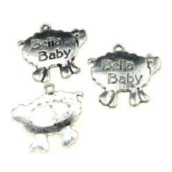 Sheeny metal pendant sheep with engraved inscription "Bella baby" 23x24x2 mm hole 1.5 mm color silver - 5 pieces