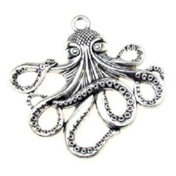 Sculptured metal octopus shape pendant  55x57x4 mm hole 3.5 mm color silver