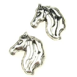 Jewelry findings, metal horse's head shaped pendant 38x29x7 mm hole 1 mm color silver - 2 pieces