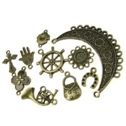 Assorted forms and sizes metal pendants 13~39x11~31x1.5~14 mm hole 1 ~ 4 mm color antique bronze - 20 grams