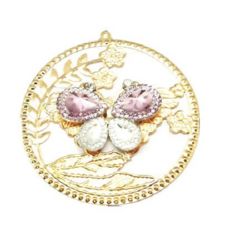 Metal pendant round with butterfly and small crystasl 63.5x60x7 mm hole 1 mm gold color